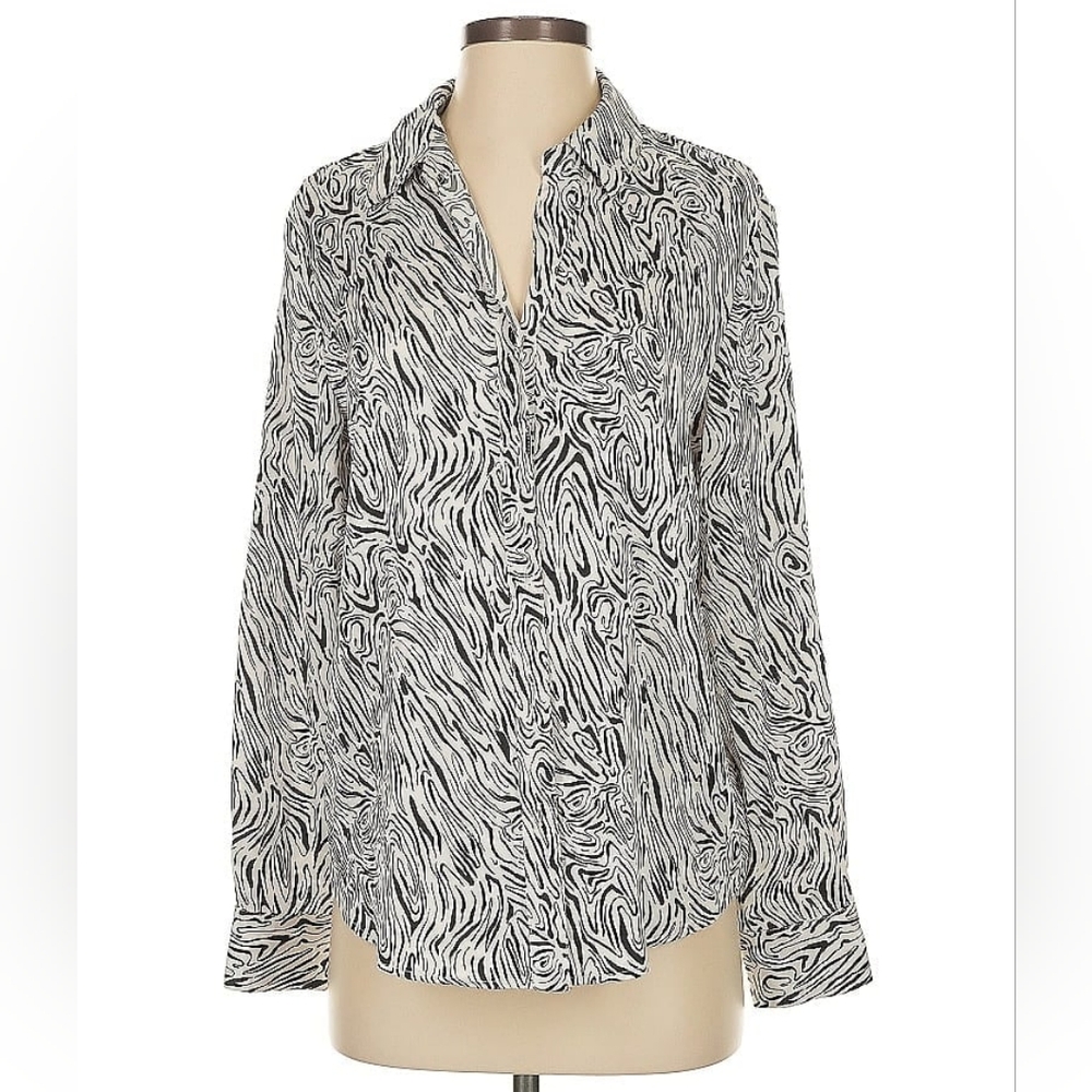 Maison D'Amelie Paris Long Sleeve Button Down Blouse Black White Sz M Abstract